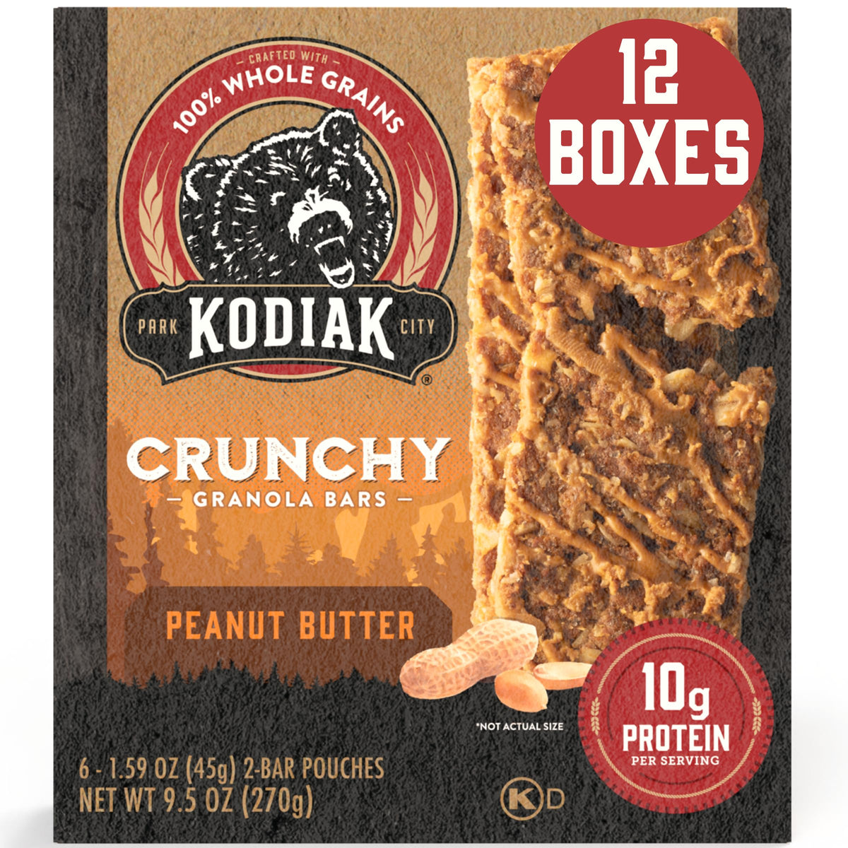 Kodiak Cakes front packaging showing crunchy peanut butter bars and protein highlight