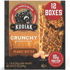 Kodiak Cakes front packaging showing crunchy peanut butter bars and protein highlight