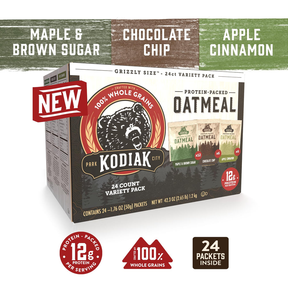 Kodiak Cakes maple & brown sugar packet closeup showing texture and protein boost