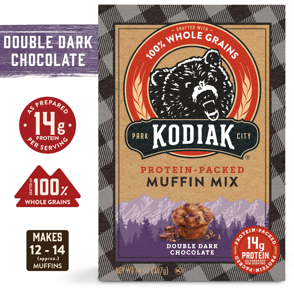 Kodiak Cakes mix texture close-up highlighting whole grain and chocolate bits