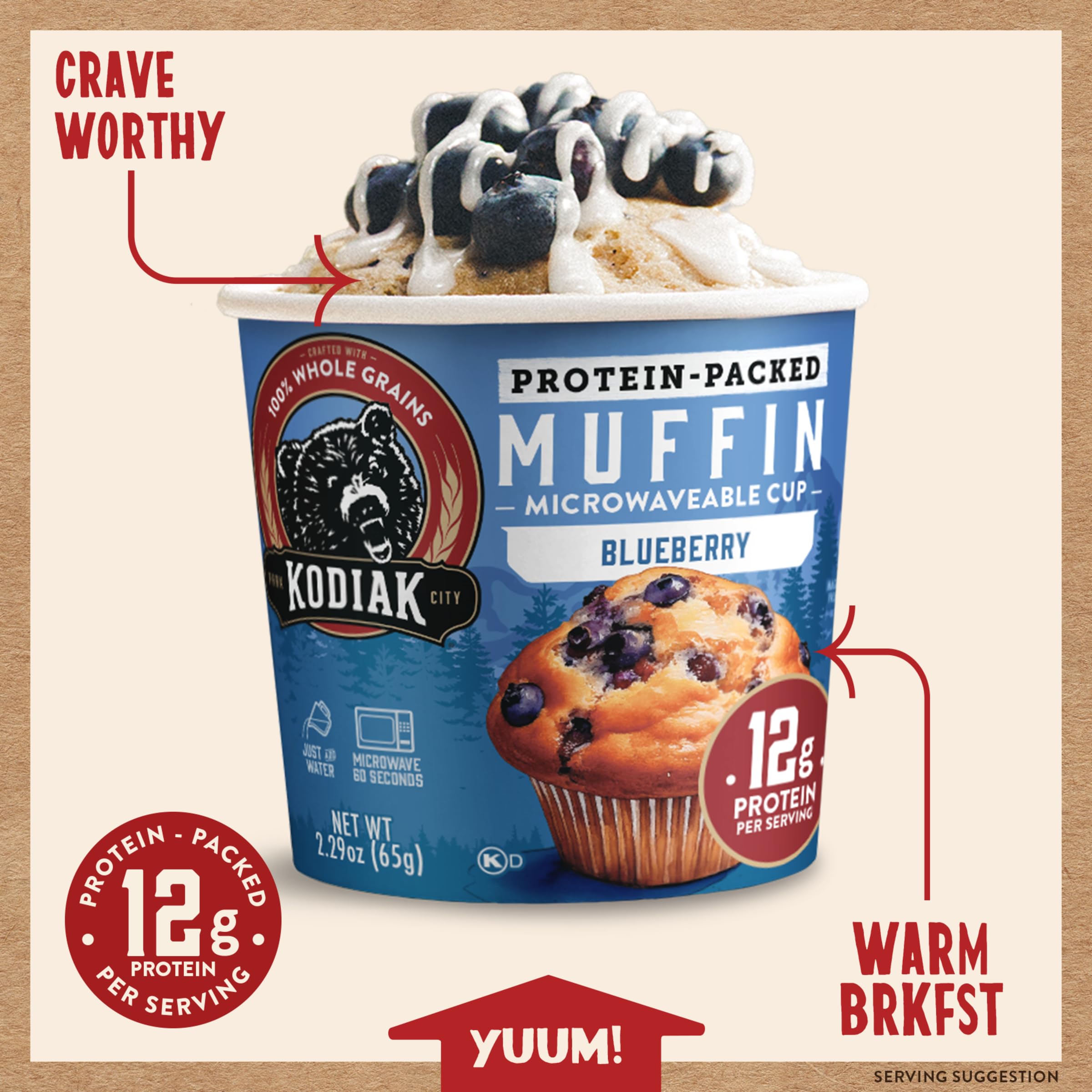 Kodiak Cakes muffin cup in microwave demonstrating one-minute preparation convenience