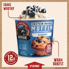 Kodiak Cakes muffin cup in microwave demonstrating one-minute preparation convenience