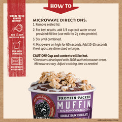 Kodiak Cakes muffin in microwave-safe cup showing quick one-minute prep
