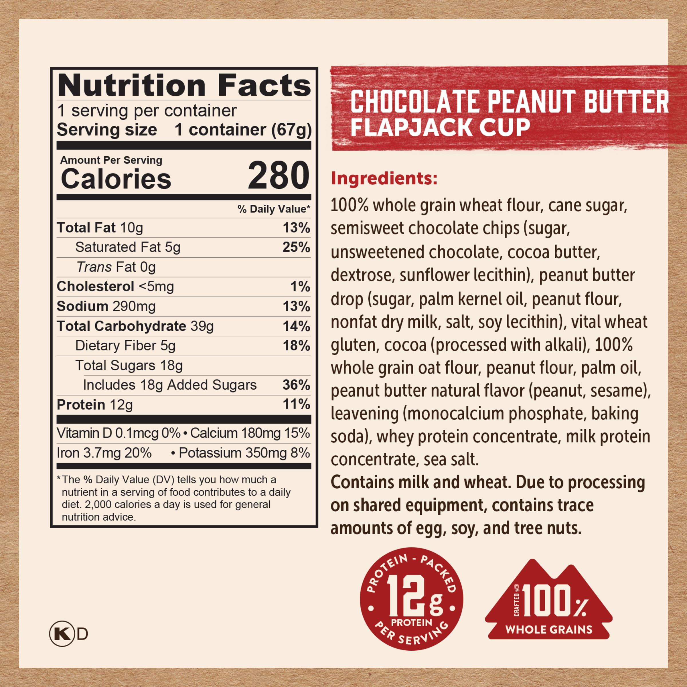 Kodiak Cakes nutrition label close-up highlighting 12g protein and 100% whole grains