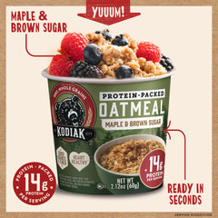 Kodiak Cakes prepared oatmeal in cup with spoon showing ready-in-under-a-minute benefit