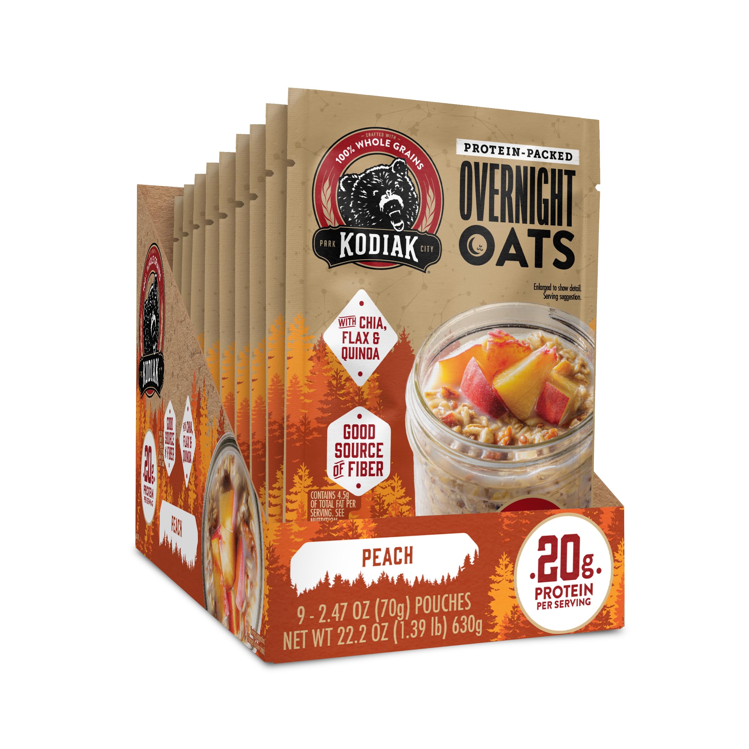 Kodiak Cakes front packaging showing 9-pack and nutritional callouts for quick choice