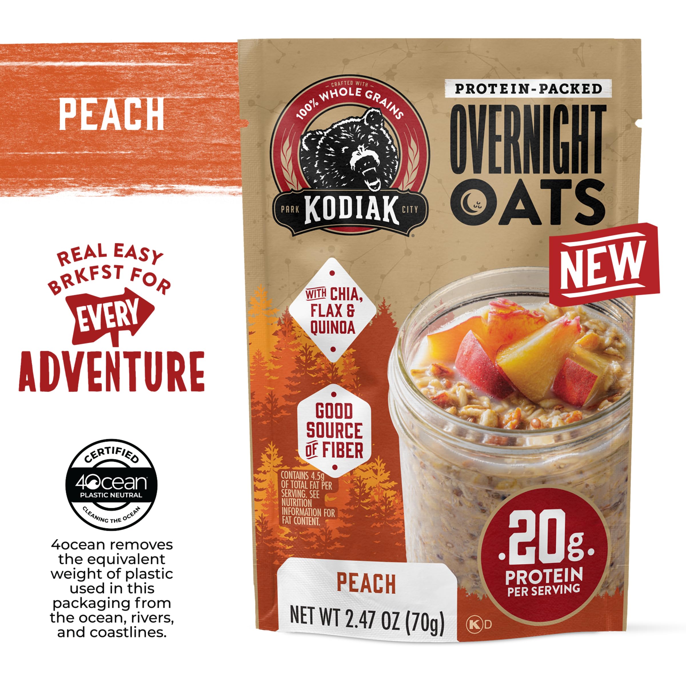Kodiak Cakes open pouch with oats visible and spoon, highlighting ease of use