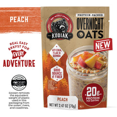 Kodiak Cakes open pouch with oats visible and spoon, highlighting ease of use