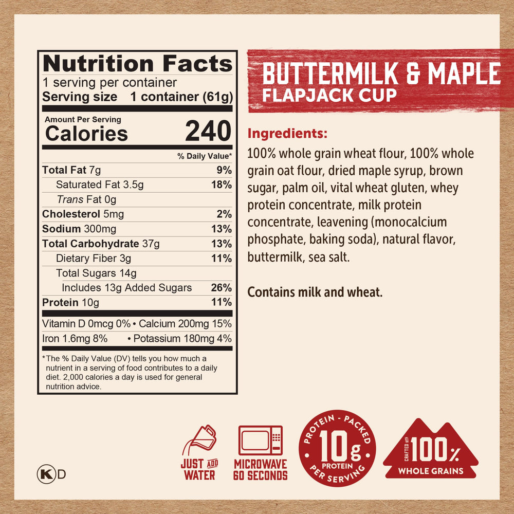 Hand holds Kodiak Cakes cup showing convenient single-serve portion