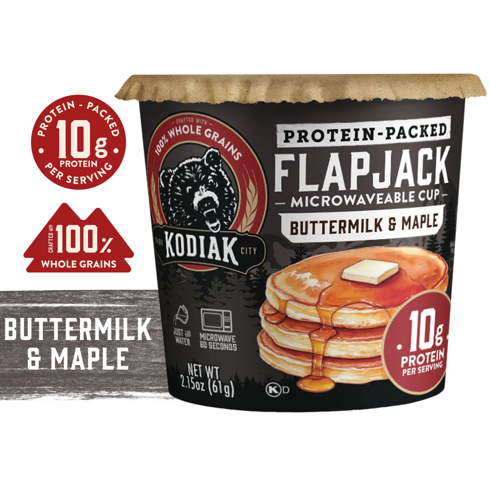 Kodiak Cakes opened single-serve cup with dry mix ready to add water