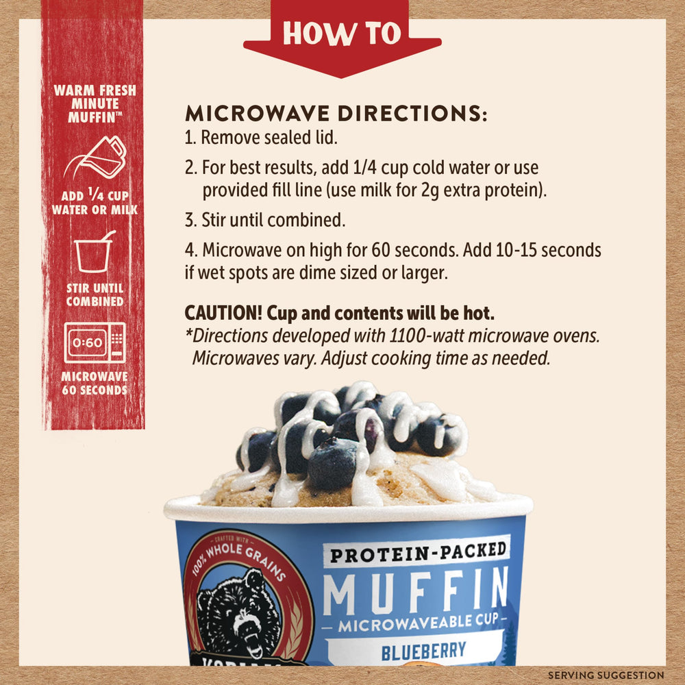 Kodiak Cakes muffin cup next to hand showing single-serve size and portable benefit