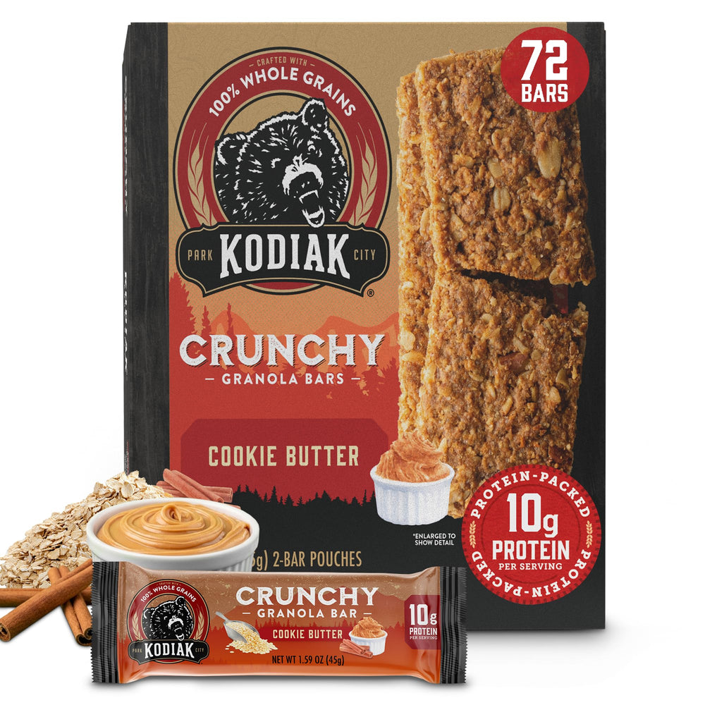 Kodiak Cakes front package view showing Cookie Butter bars and branding for easy recognition