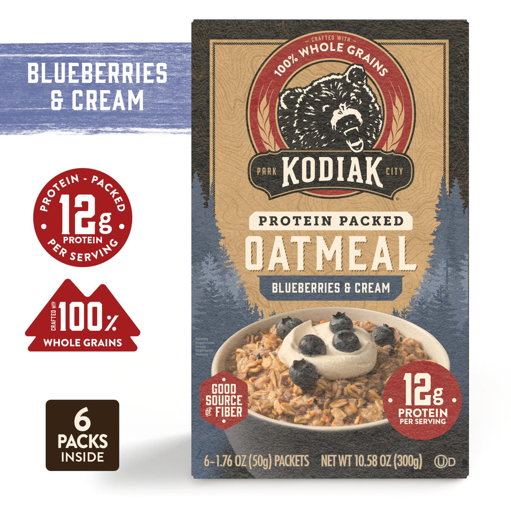 Kodiak Cakes single packet open to show oat texture and blueberry graphics, appeals to taste