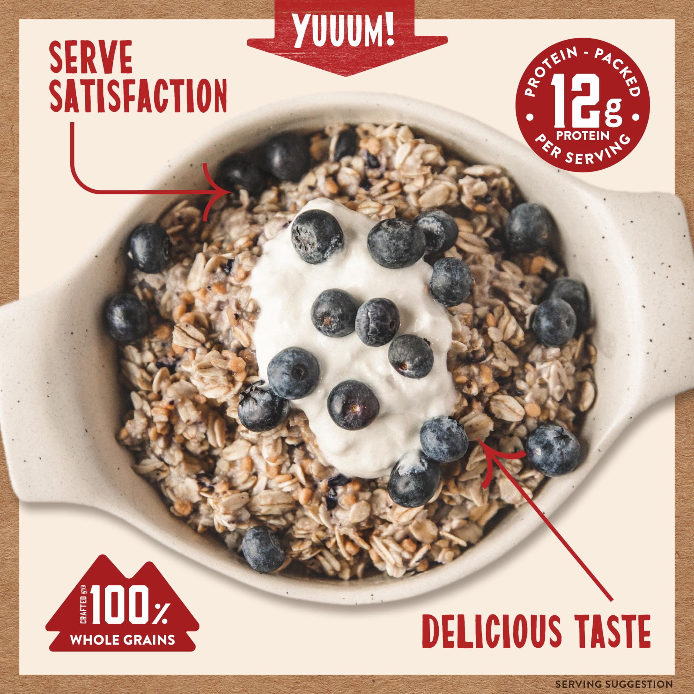 Kodiak Cakes prepared bowl close-up with creamy oats and blueberries, showcases texture