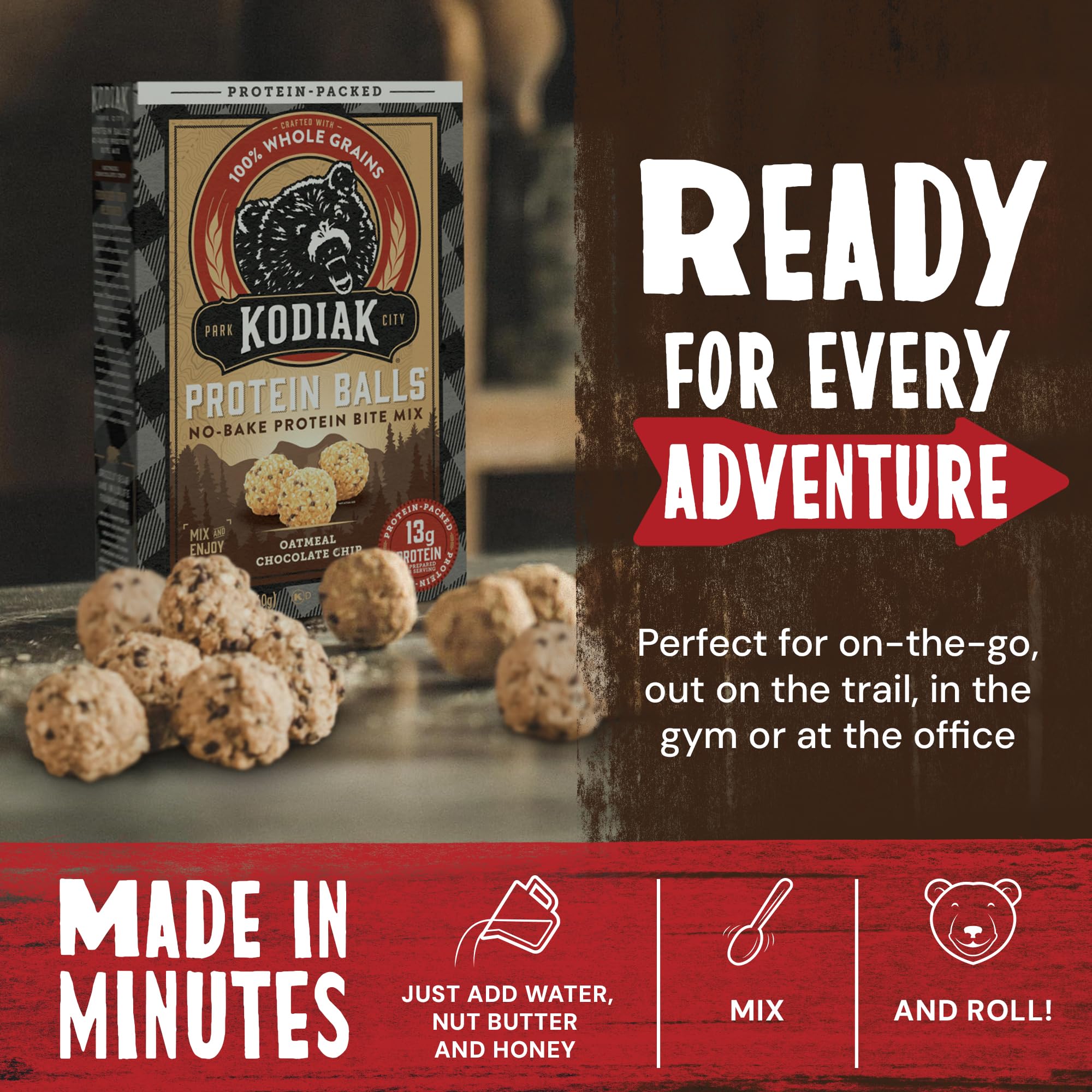 Kodiak Cakes protein balls beside coin showing scale and convenient portion size