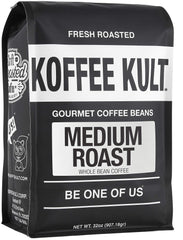 Koffee Kult front packaging showing 32oz bag and brand benefit of freshness