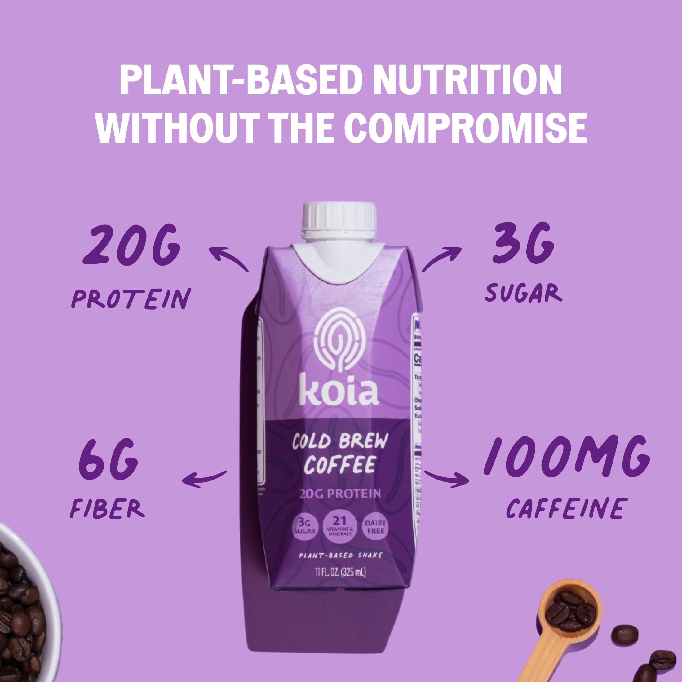 Koia coffee side label with nutrition facts and vitamins for easy ingredient check