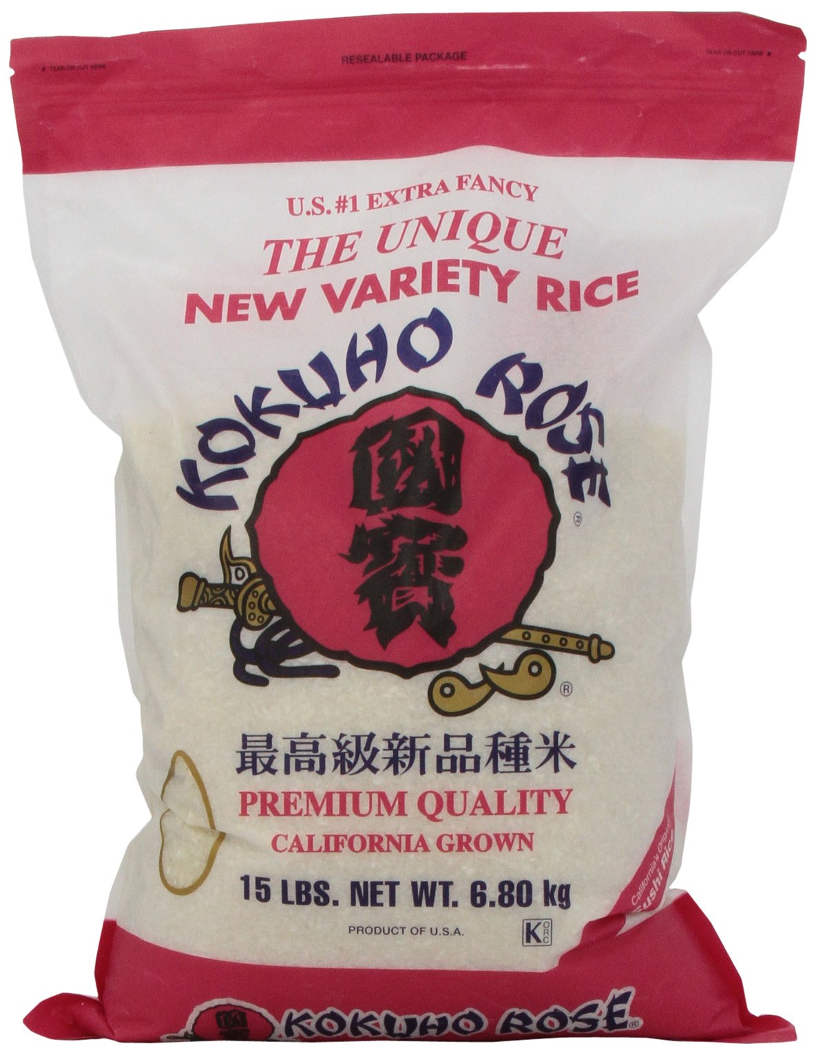 Kokuho Rose front packaging showing 15-pound bag and clear labeling, reliable pantry staple