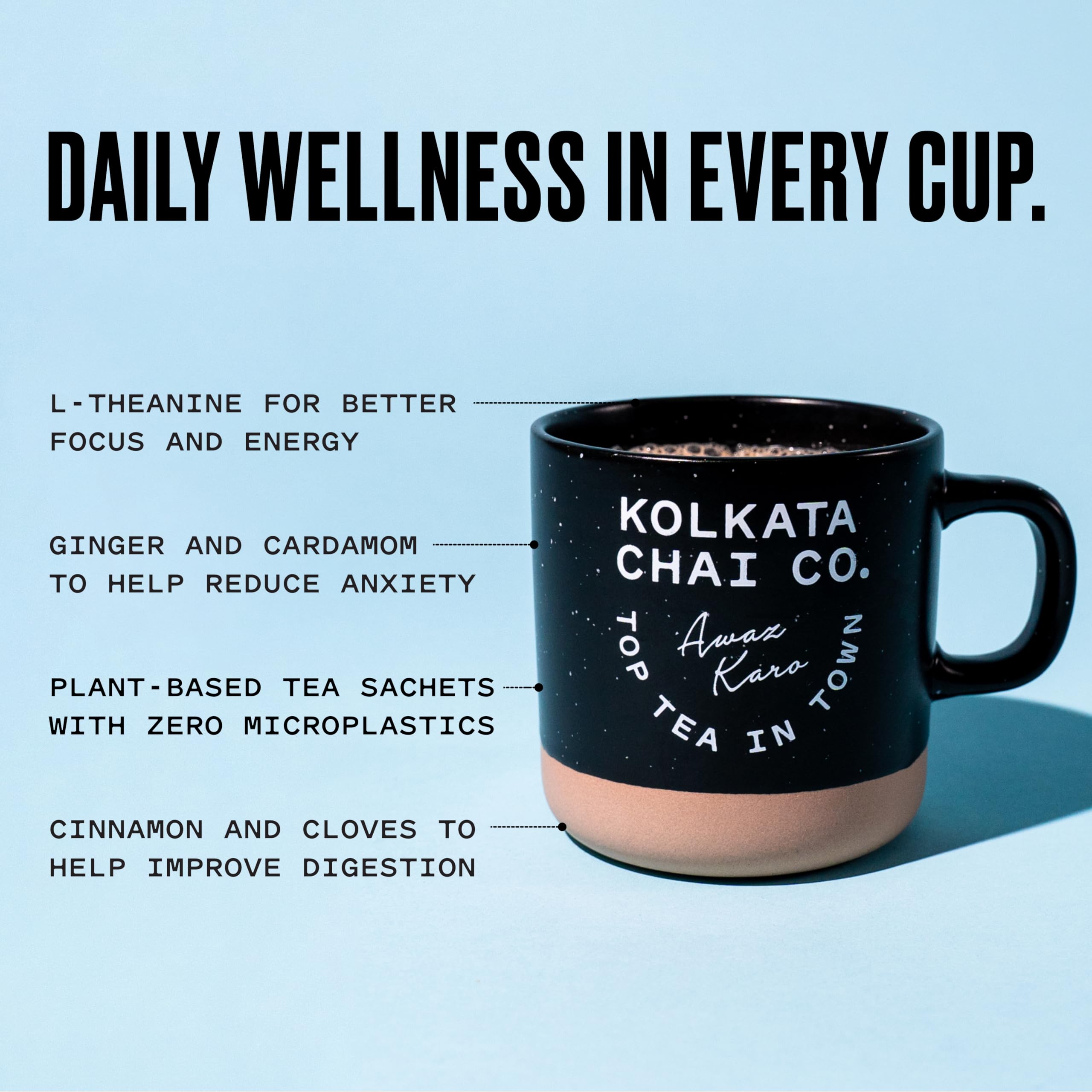 Kolkata Chai steeping in a mug with steam, illustrating easy brewing and rich flavor