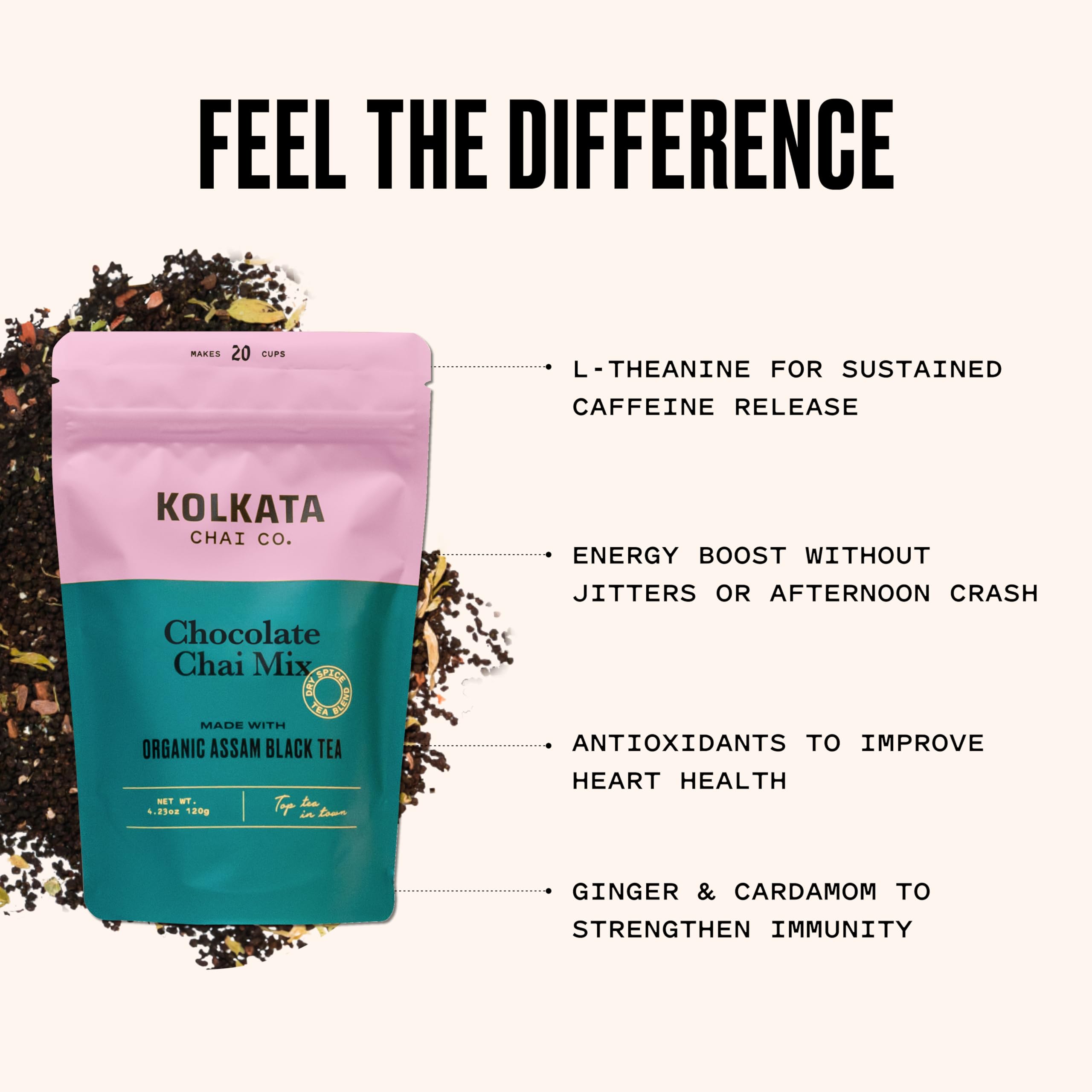 Kolkata Chai Co brewed cup top view with rich color, suggests comforting, full-bodied flavor