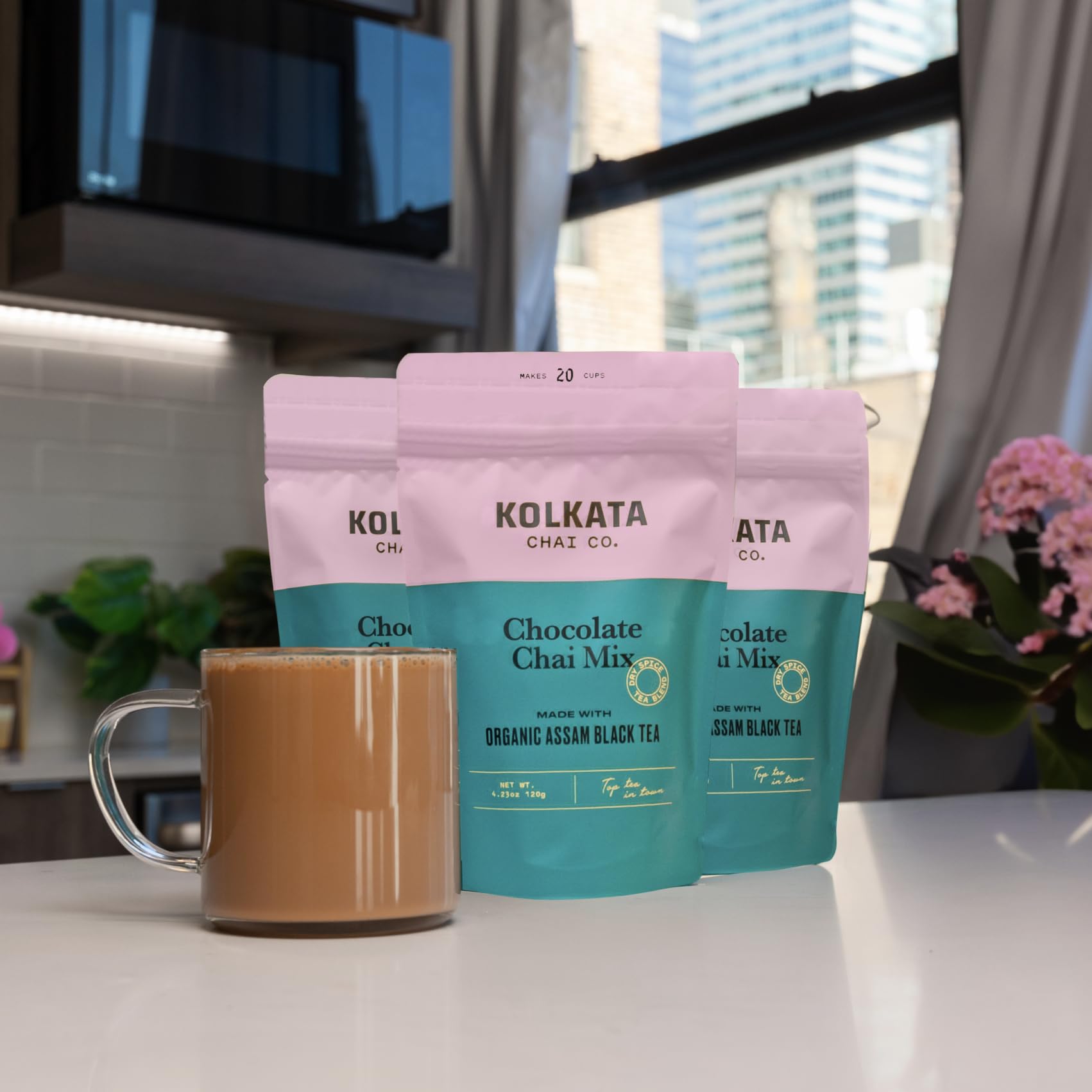Kolkata Chai Co portion scale comparison beside teaspoon, illustrates 20-cup yield convenience