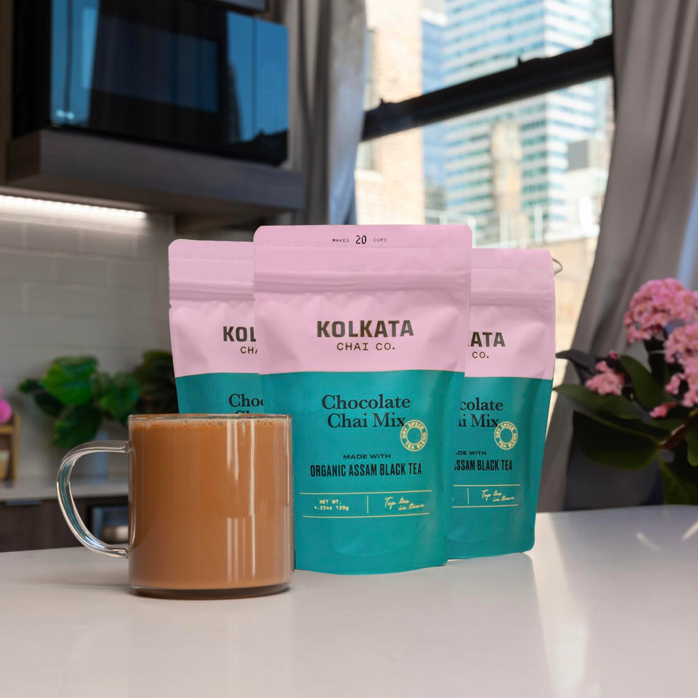 Kolkata Chai Co portion scale comparison beside teaspoon, illustrates 20-cup yield convenience