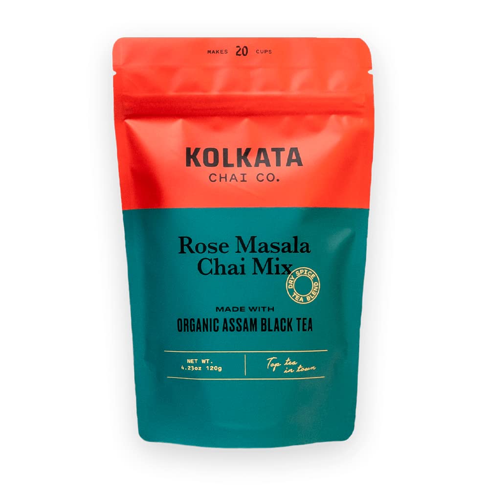 Kolkata Chai Co front tin showing brand and rose masala chai packaging benefit aroma preservation