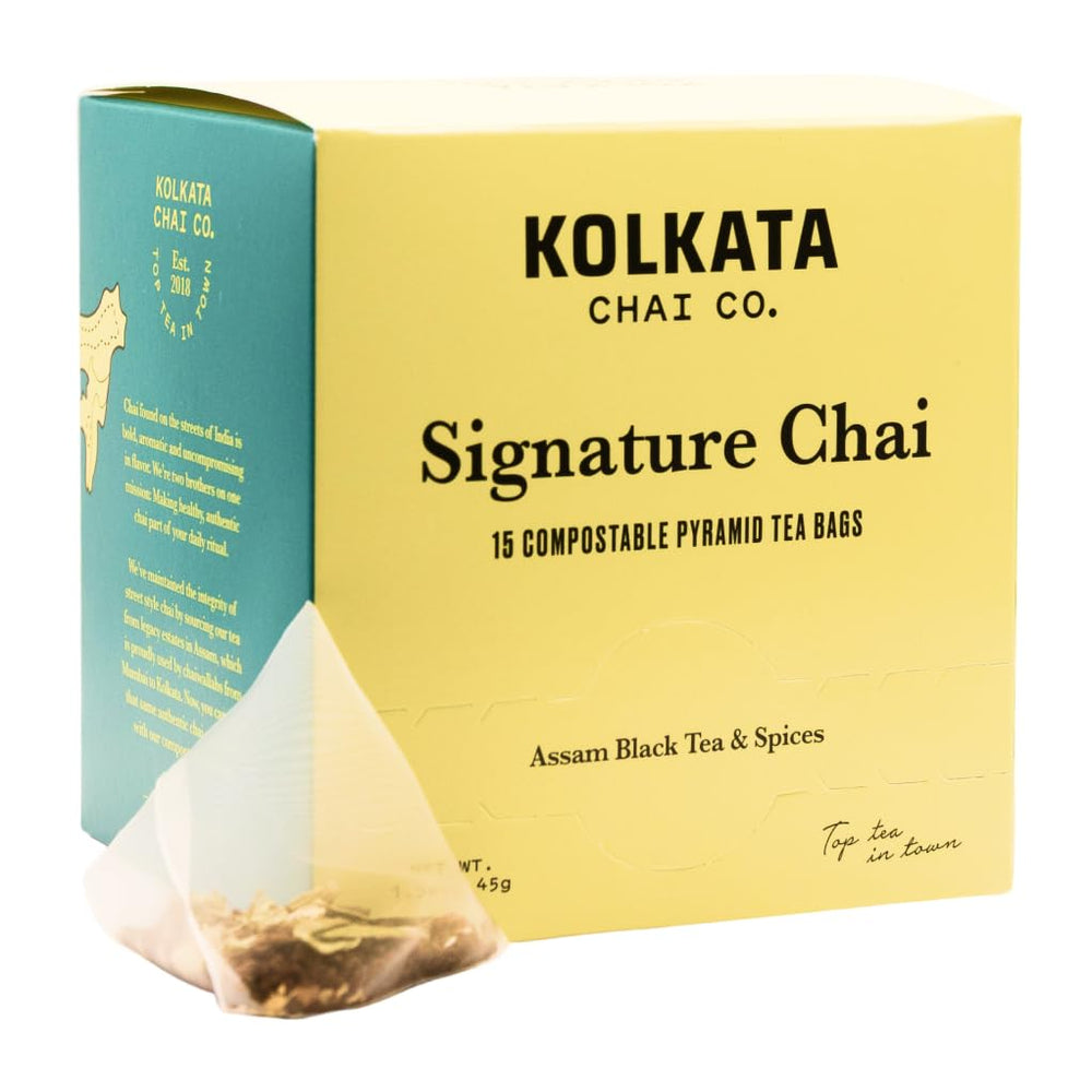 Kolkata Chai front packaging showing 15-count box and branding, highlighting organic ingredients