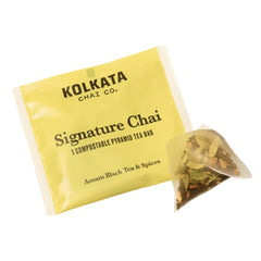 Kolkata Chai compostable tea bag close-up with visible fibers and no plastics, showing eco benefit