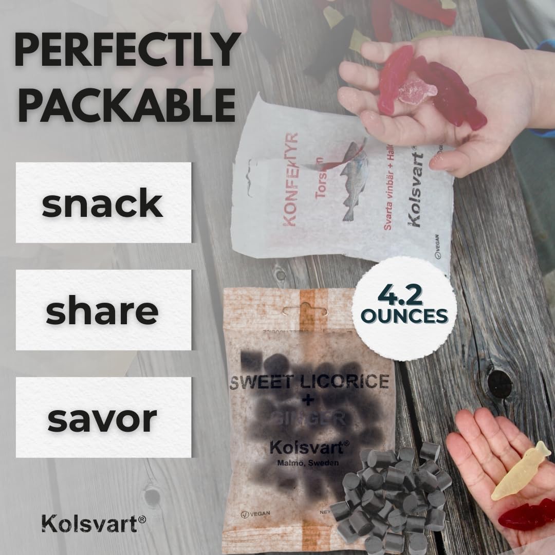 kolsvart open bag with pieces spilling out for easy snacking and sharing convenience