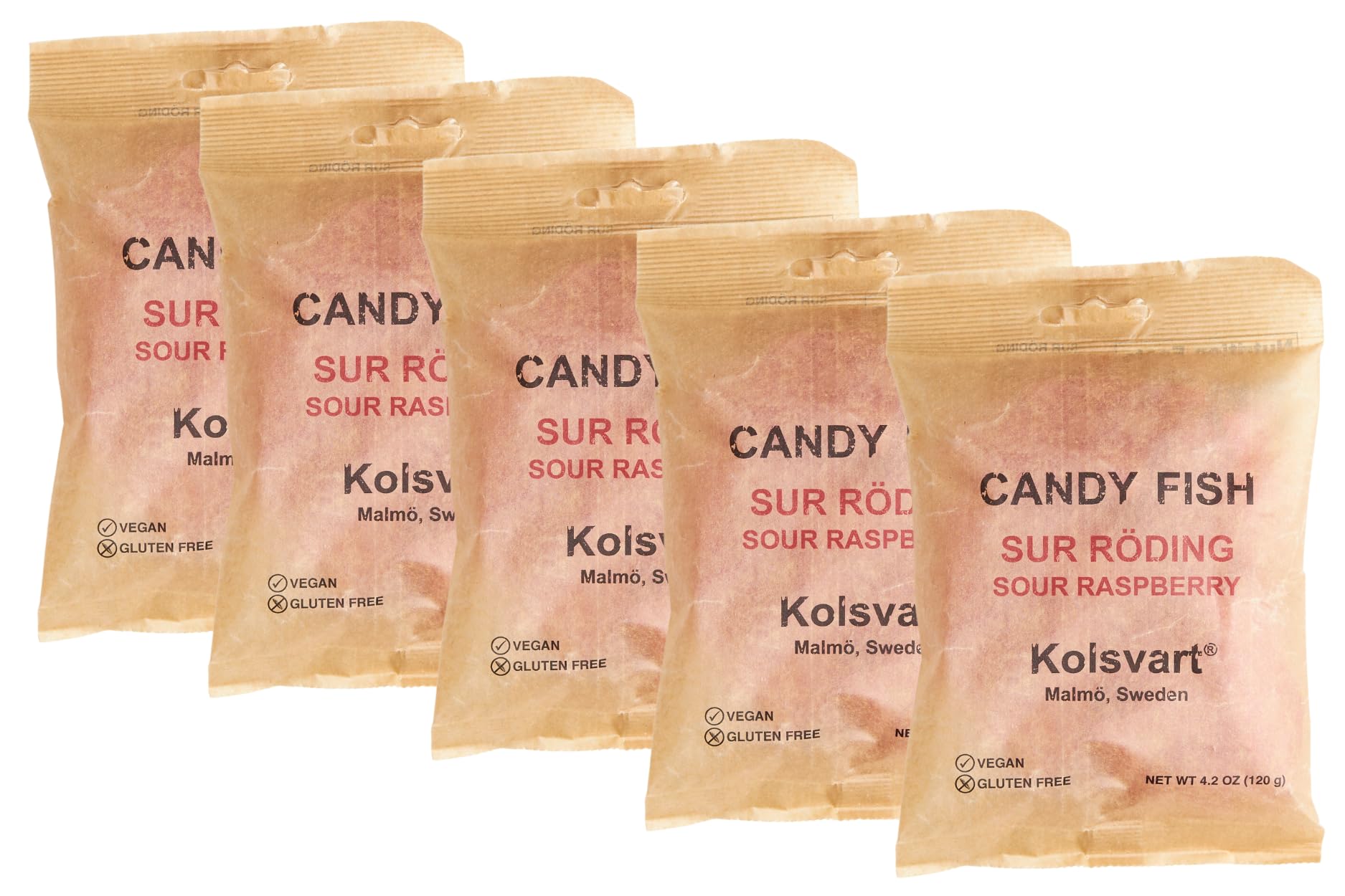 Kolsvart front packaging displaying sour raspberry branding and resealable bag benefit