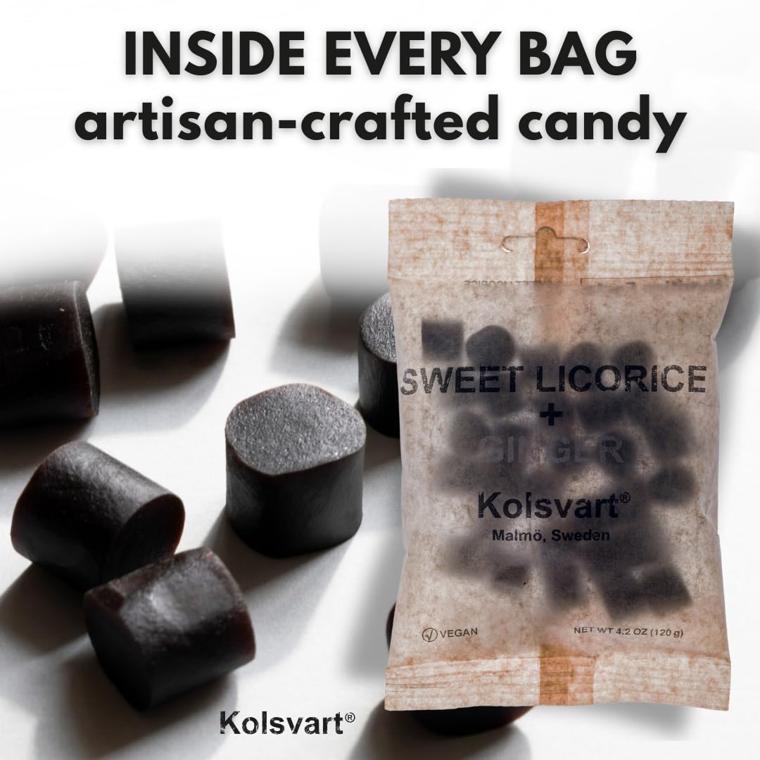 kolsvart label close-up displaying vegan gluten-free claims and Swedish origin trust