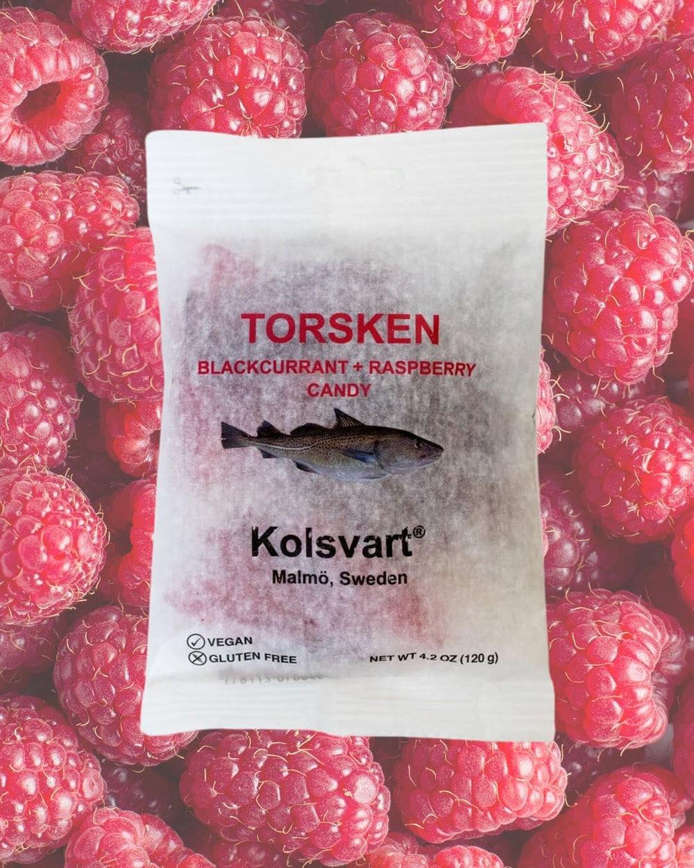 Kolsvart bag held in hand to demonstrate 4.2 oz portion size and convenient portability