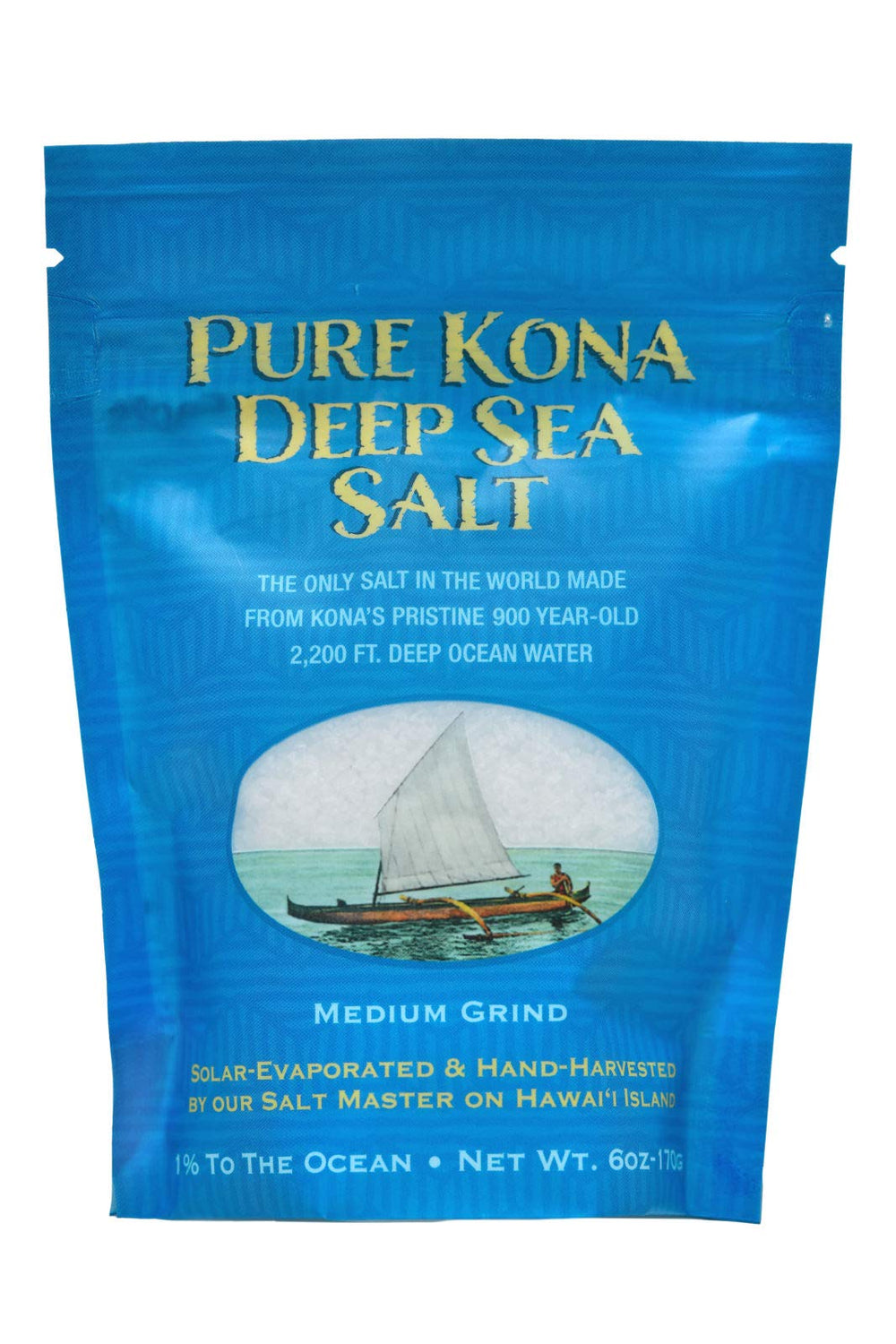 Kona Sea Salt front packaging showing 6oz jar and brand, highlighting gourmet appearance