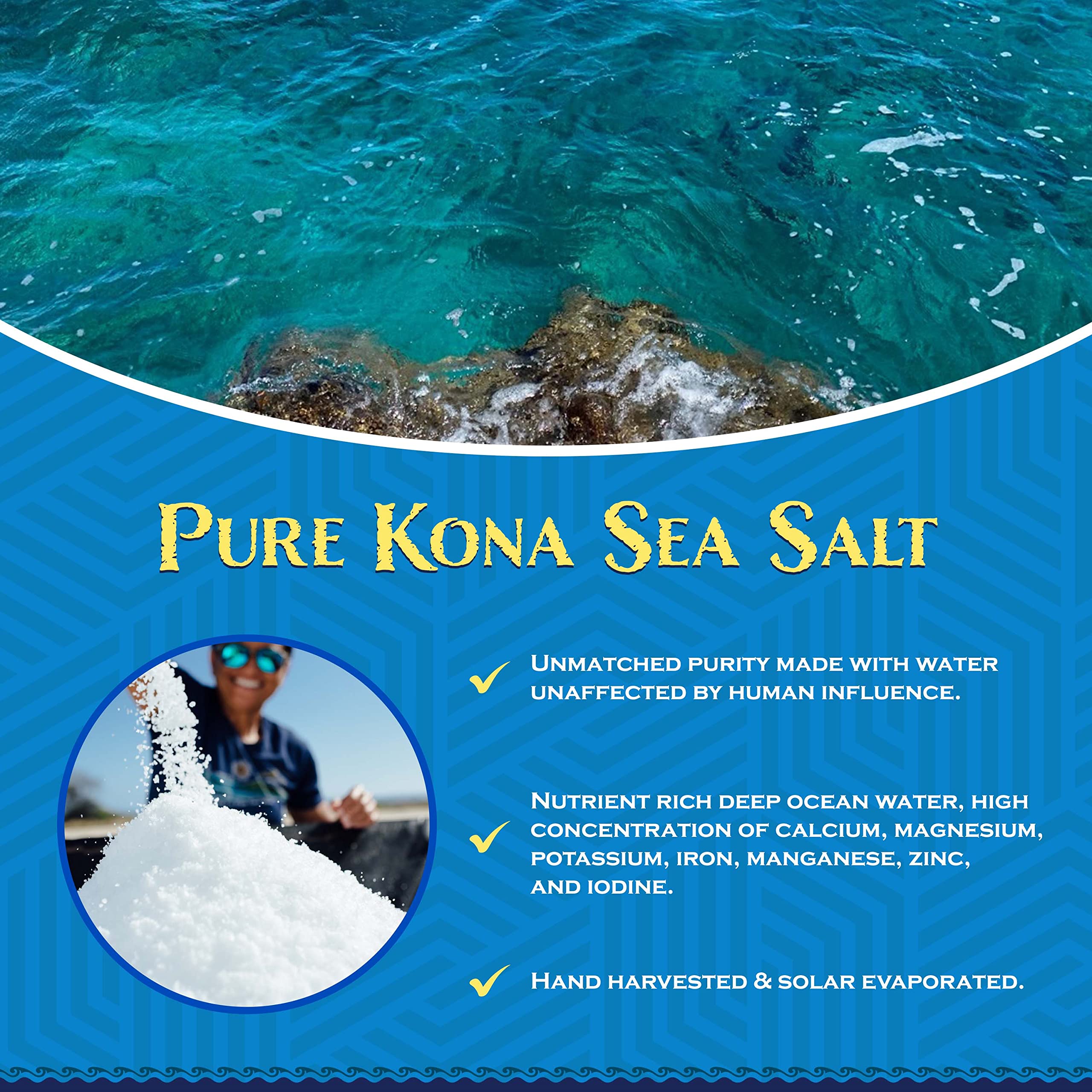 Close-up of Kona Sea Salt label and branding emphasizing pure deep sea origin and quality