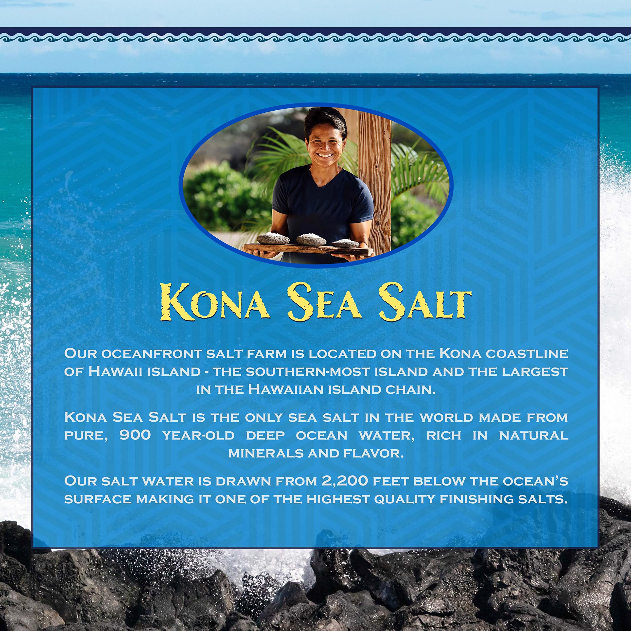 Kona Sea Salt on a kitchen table in a lifestyle setting suggesting gourmet everyday use