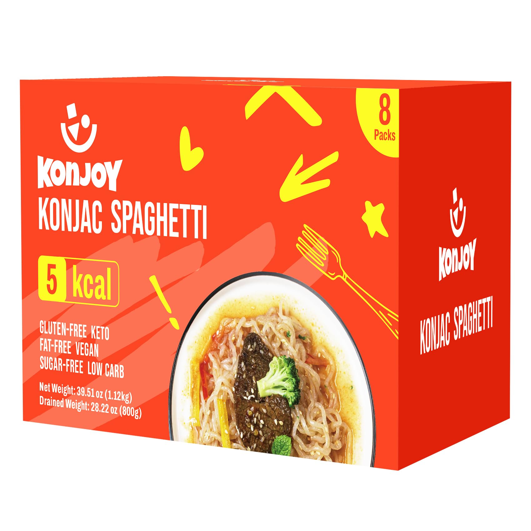 KONJOY front packaging showing spaghetti-style konjac noodles and benefits