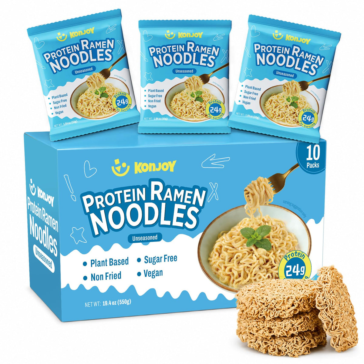 KONJOY front packaging showing 10-pack and protein benefit