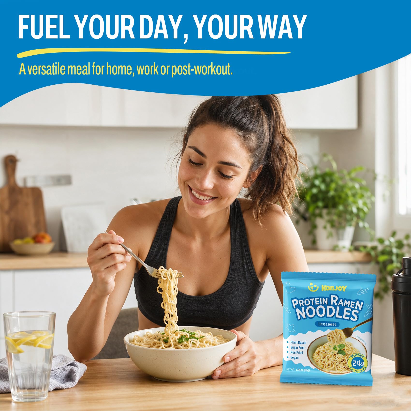 KONJOY noodles in kitchen prep scene showing easy healthy cooking benefit