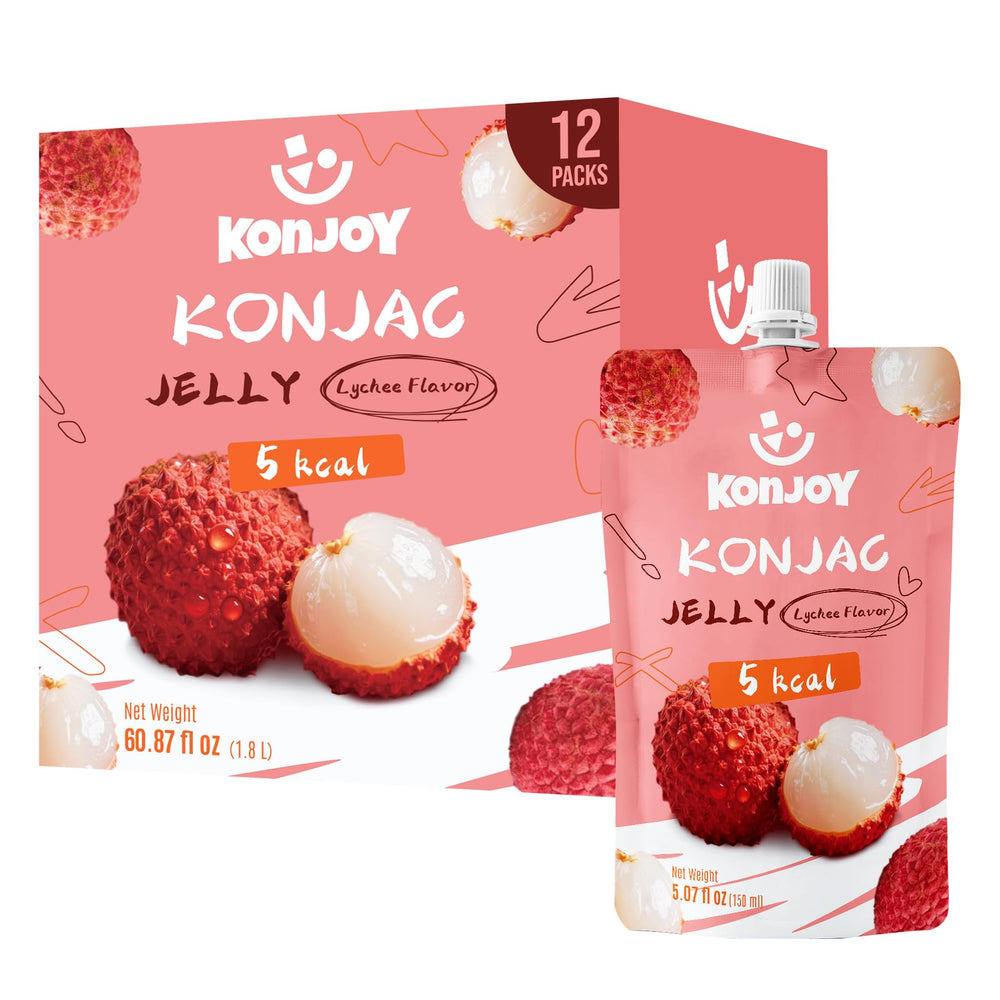 KONJOY front packaging showing lychee pouches and branding for quick grab-and-go