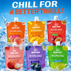 KONJOY open pouch revealing lychee jelly for a cold, refreshing snack