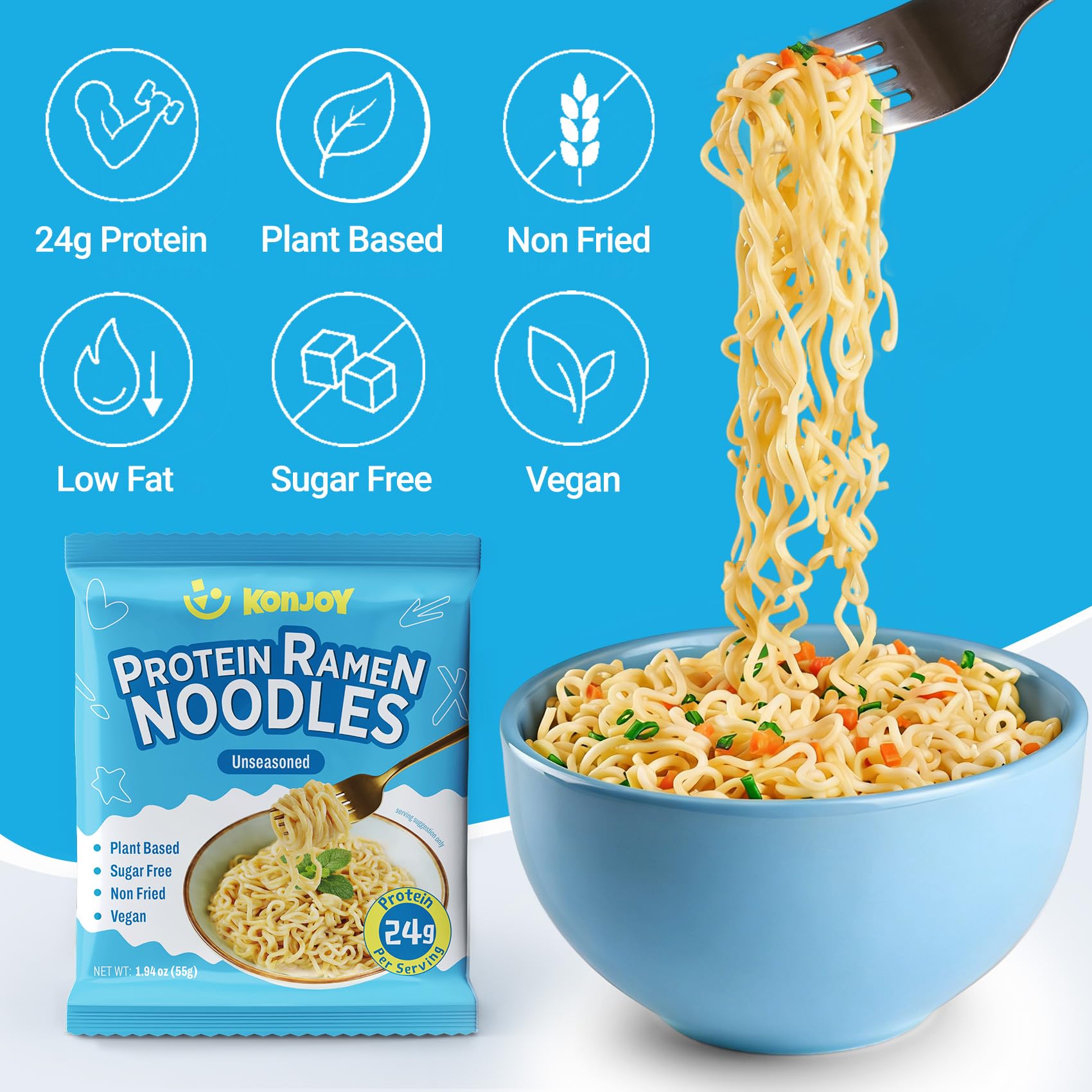 KONJOY close-up noodle texture with chewy springy appearance and protein