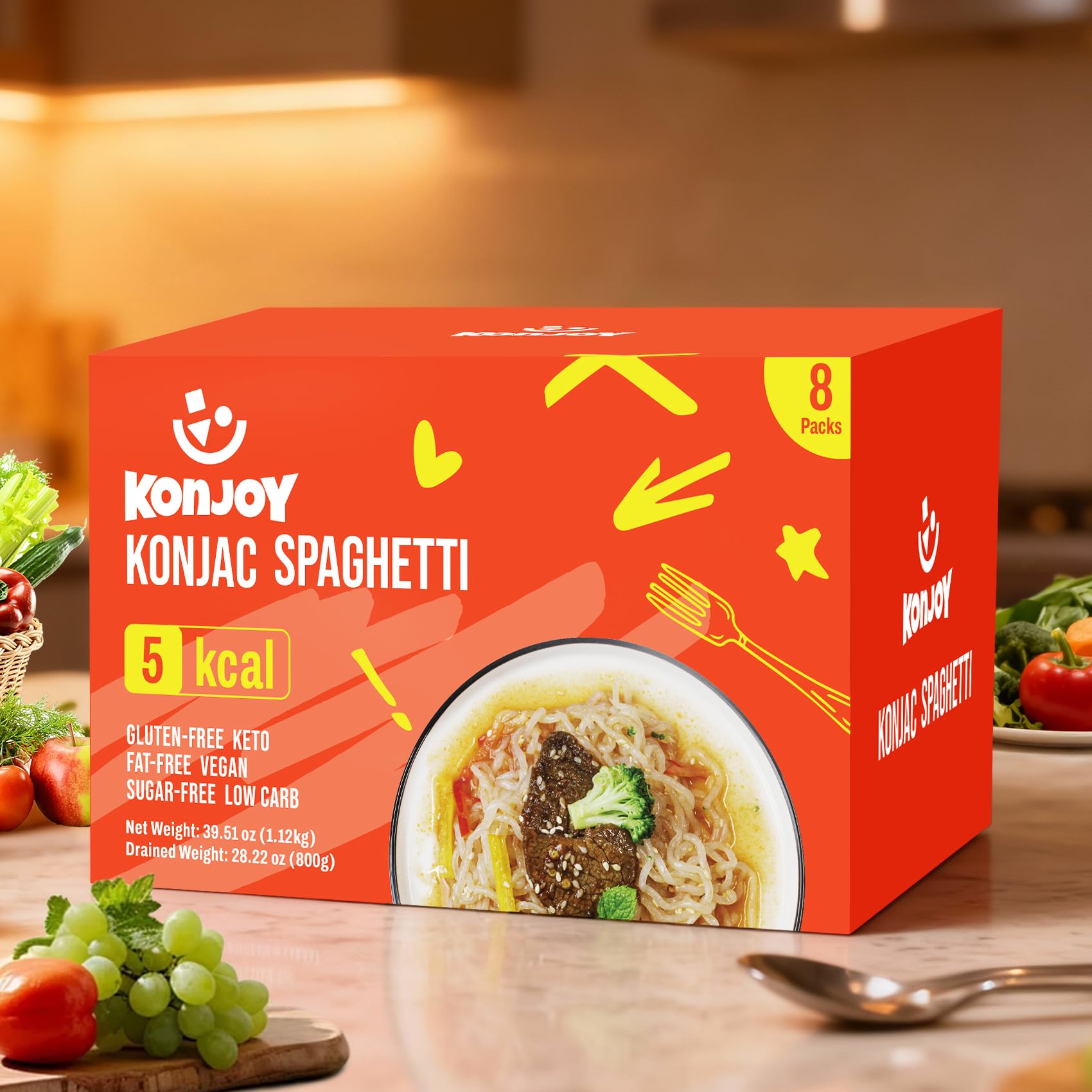 KONJOY serving size comparison next to fork showing portion scale