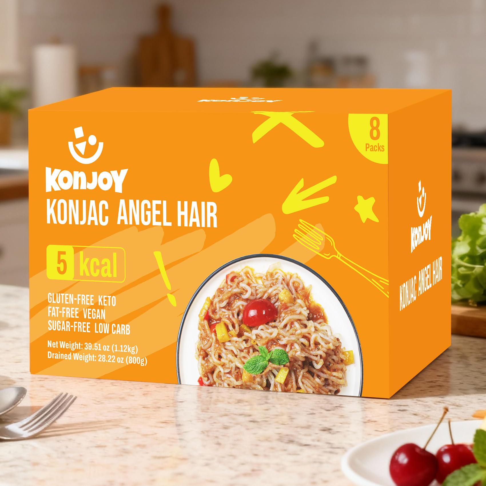 KONJOY portion comparison showing a single serving size and low-calorie benefit