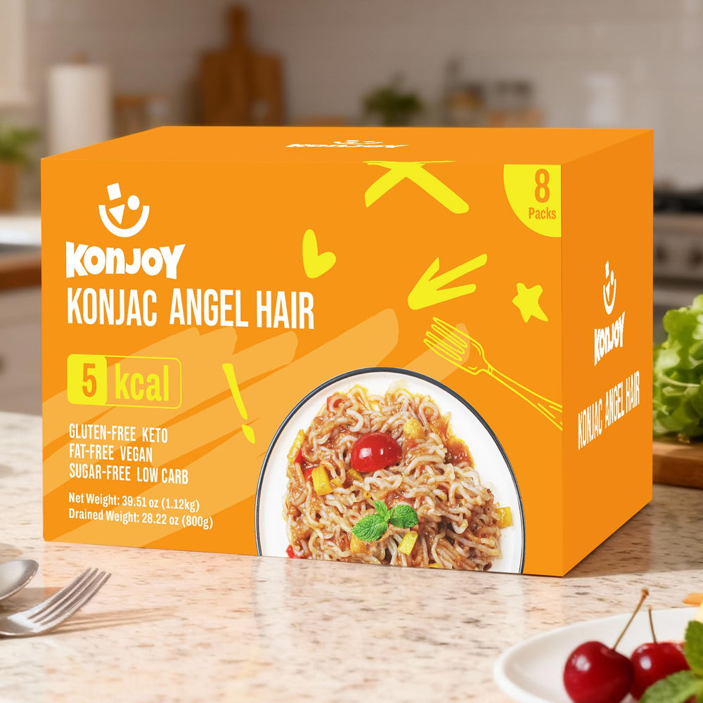 KONJOY portion comparison showing a single serving size and low-calorie benefit