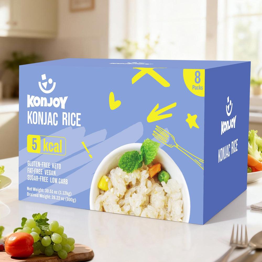 KONJOY pouch beside spoon showing portion size and convenience