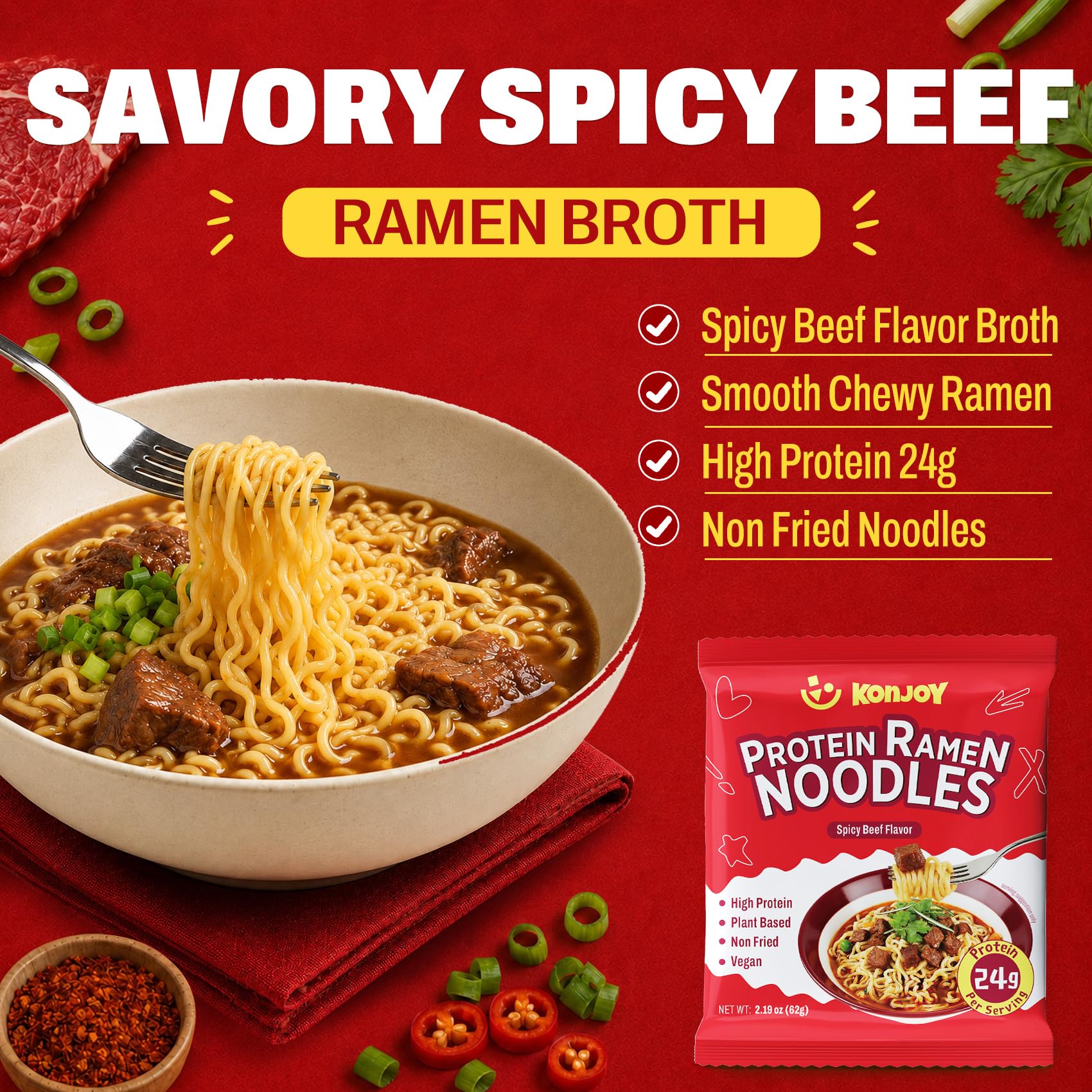 KONJOY cooked spicy beef ramen in bowl, hearty protein meal appealing presentation