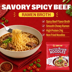 KONJOY cooked spicy beef ramen in bowl, hearty protein meal appealing presentation