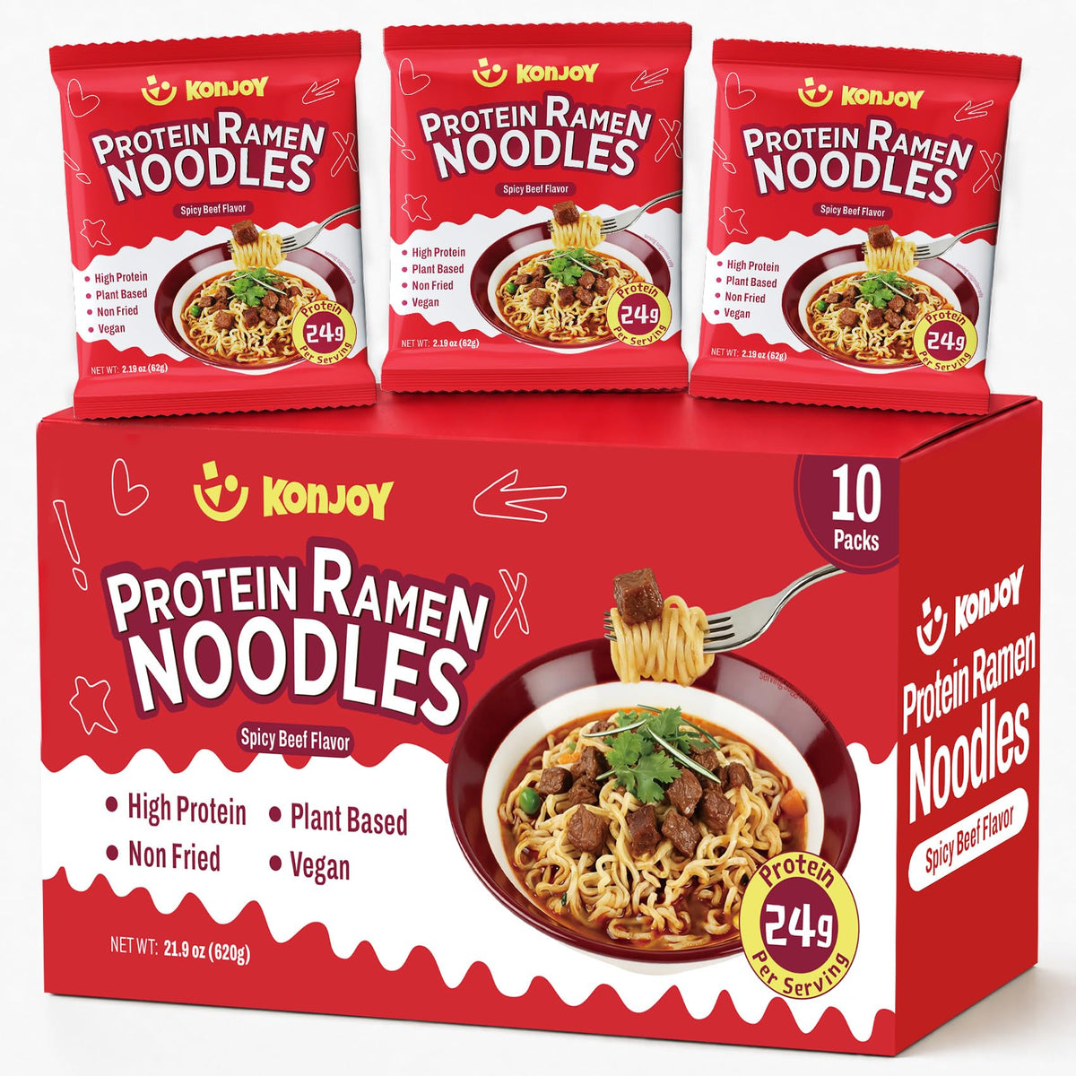 KONJOY front pack showing spicy beef flavor and protein claim for quick choices
