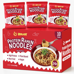 KONJOY front pack showing spicy beef flavor and protein claim for quick choices